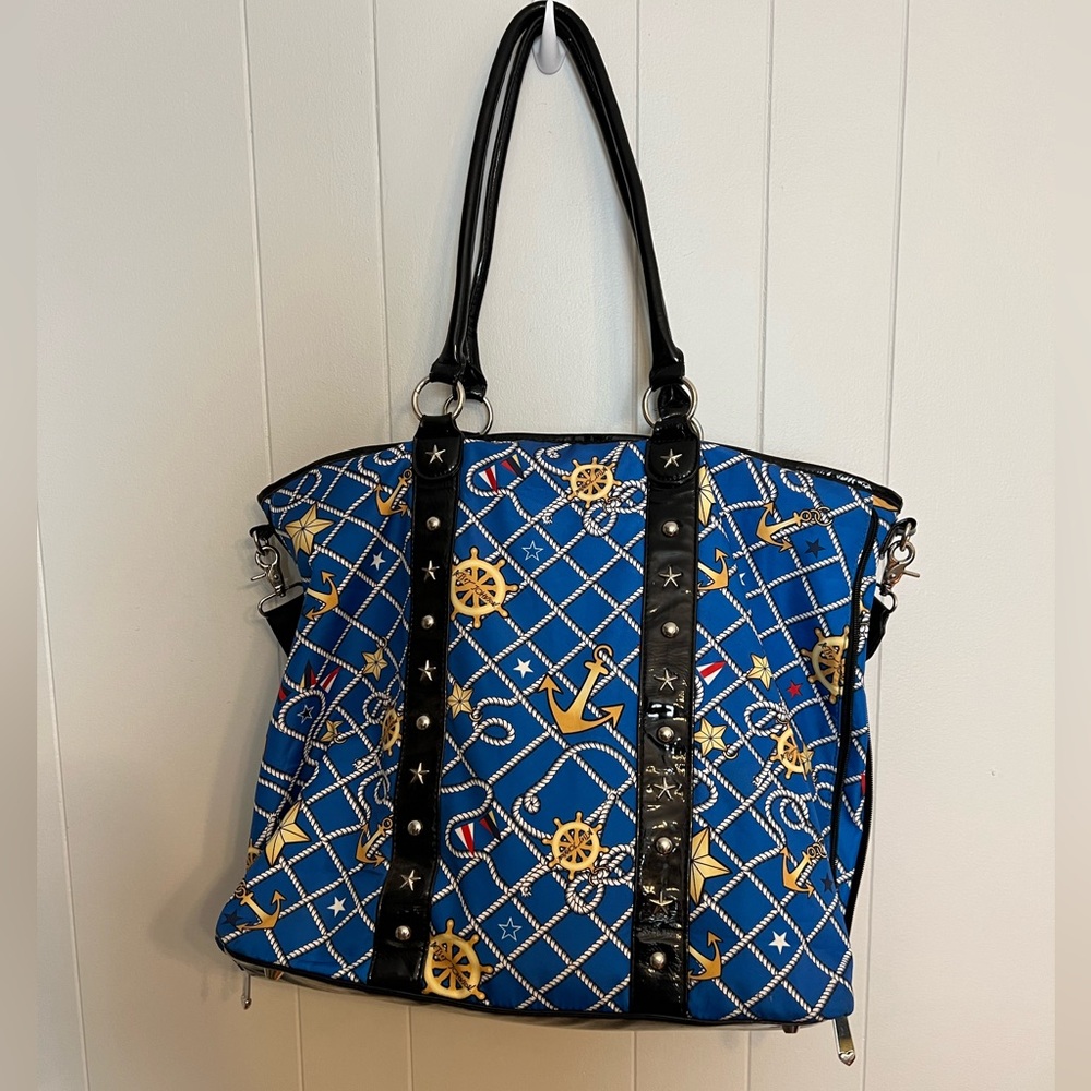 Betsey Johnson Blue‎ Nautical Print Polyester & Faux Leather Zip - Designer Bag